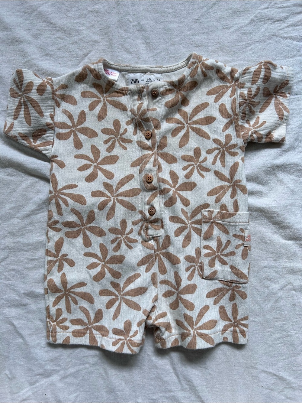 Zara Baby Floral Button Romper in Cream and Tan